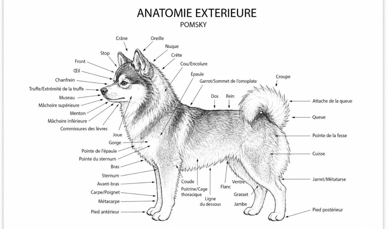 Planche d'anatomie extérieure du Pomsky : nom des régions du corps